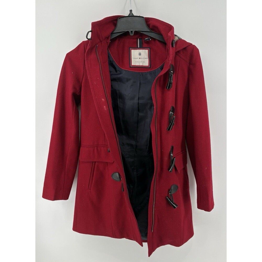 Tommy Hilfiger Red Wool Blend Hooded Toggle Duffle Coat Jacket Women’s XS